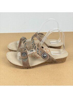 Aetrex Janey Leather Slide Sandals Womens 9 Tan Pewter Hook and Loop Casual